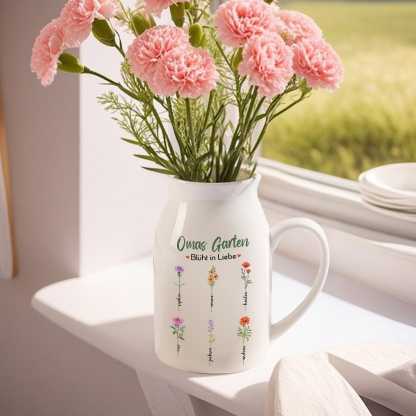 Personalisierte 6 Namen & Text & Geburtsblumen-Omas Garten blüht in Liebe- Gießvase mit Henkel Mama Vase-Pefektes Geschenk für Mama /Oma