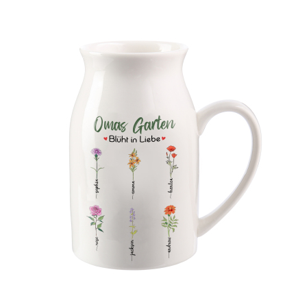 Personalisierte 6 Namen & Text & Geburtsblumen-Omas Garten blüht in Liebe- Gießvase mit Henkel Mama Vase-Pefektes Geschenk für Mama /Oma