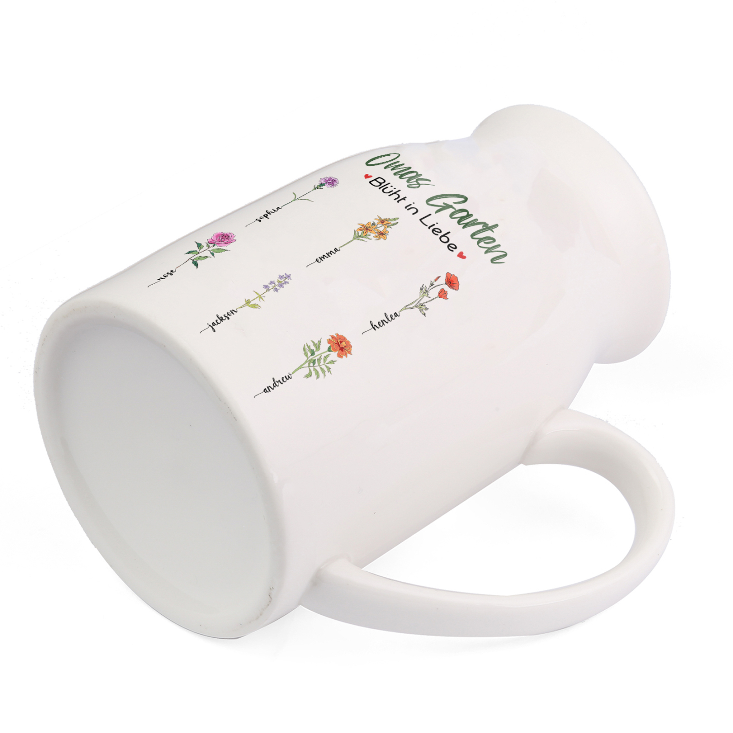 Personalisierte 6 Namen & Text & Geburtsblumen-Omas Garten blüht in Liebe- Gießvase mit Henkel Mama Vase-Pefektes Geschenk für Mama /Oma