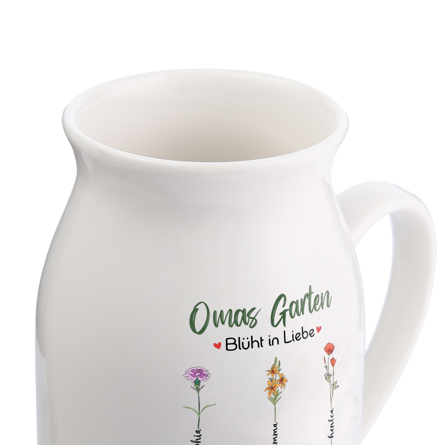 Personalisierte 6 Namen & Text & Geburtsblumen-Omas Garten blüht in Liebe- Gießvase mit Henkel Mama Vase-Pefektes Geschenk für Mama /Oma
