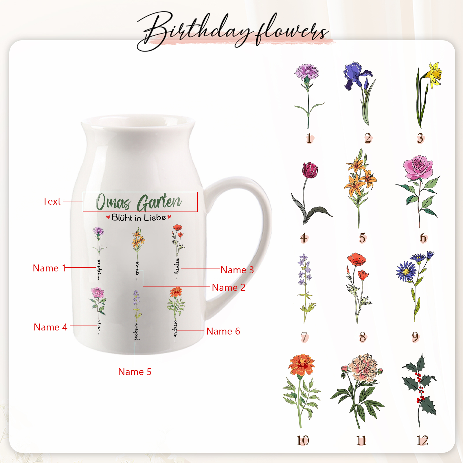 Personalisierte 6 Namen & Text & Geburtsblumen-Omas Garten blüht in Liebe- Gießvase mit Henkel Mama Vase-Pefektes Geschenk für Mama /Oma