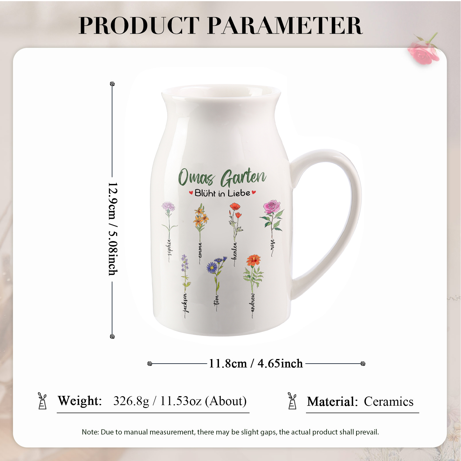 Personalisierte 7 Namen & Text & Geburtsblumen-Omas Garten blüht in Liebe- Gießvase mit Henkel Mama Vase-Pefektes Geschenk für Mama /Oma