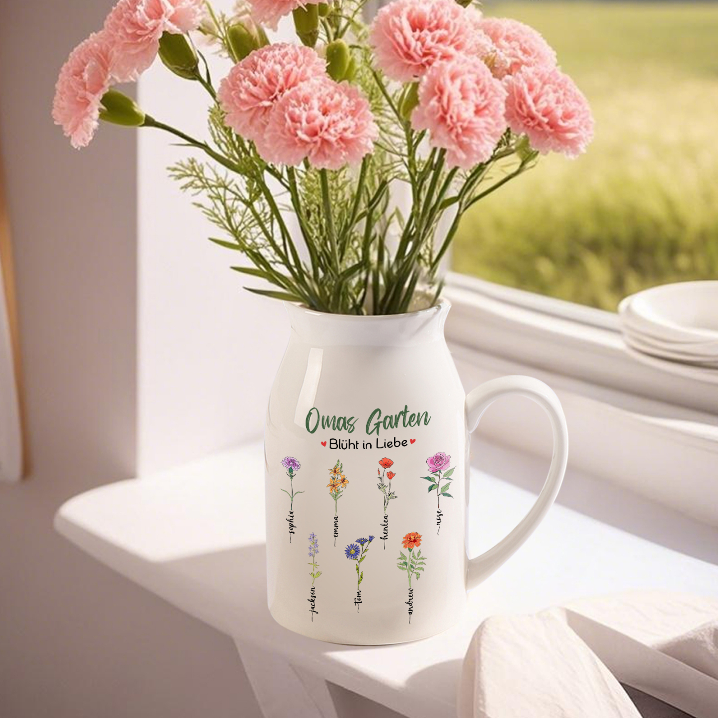 Personalisierte 7 Namen & Text & Geburtsblumen-Omas Garten blüht in Liebe- Gießvase mit Henkel Mama Vase-Pefektes Geschenk für Mama /Oma