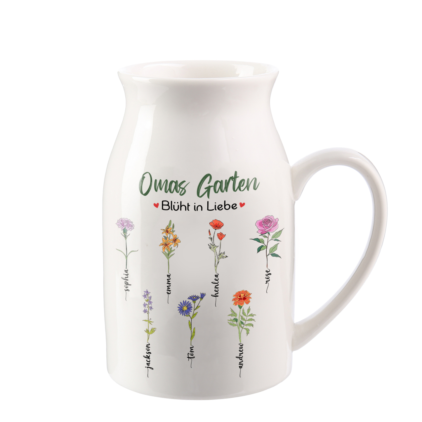 Personalisierte 7 Namen & Text & Geburtsblumen-Omas Garten blüht in Liebe- Gießvase mit Henkel Mama Vase-Pefektes Geschenk für Mama /Oma