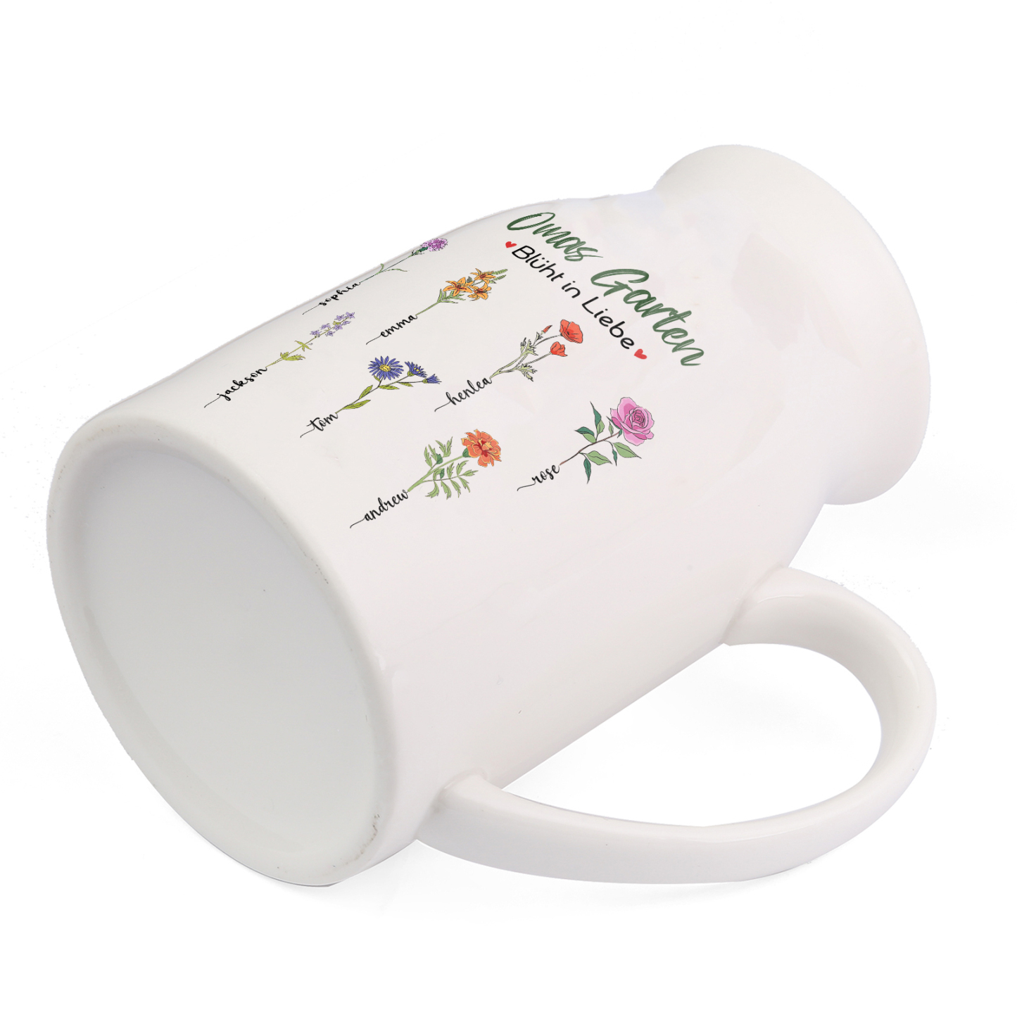 Personalisierte 7 Namen & Text & Geburtsblumen-Omas Garten blüht in Liebe- Gießvase mit Henkel Mama Vase-Pefektes Geschenk für Mama /Oma