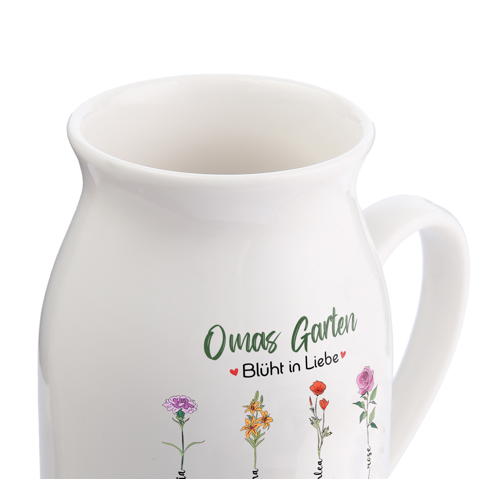 Personalisierte 7 Namen & Text & Geburtsblumen-Omas Garten blüht in Liebe- Gießvase mit Henkel Mama Vase-Pefektes Geschenk für Mama /Oma