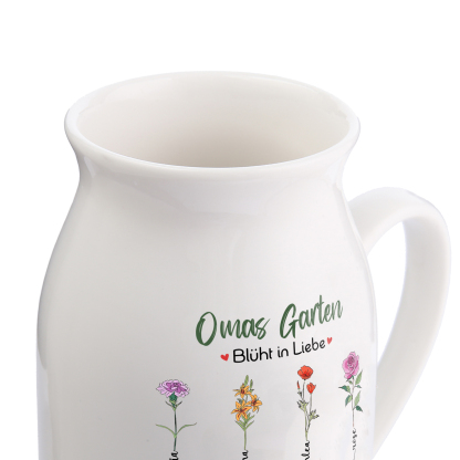 Personalisierte 7 Namen & Text & Geburtsblumen-Omas Garten blüht in Liebe- Gießvase mit Henkel Mama Vase-Pefektes Geschenk für Mama /Oma