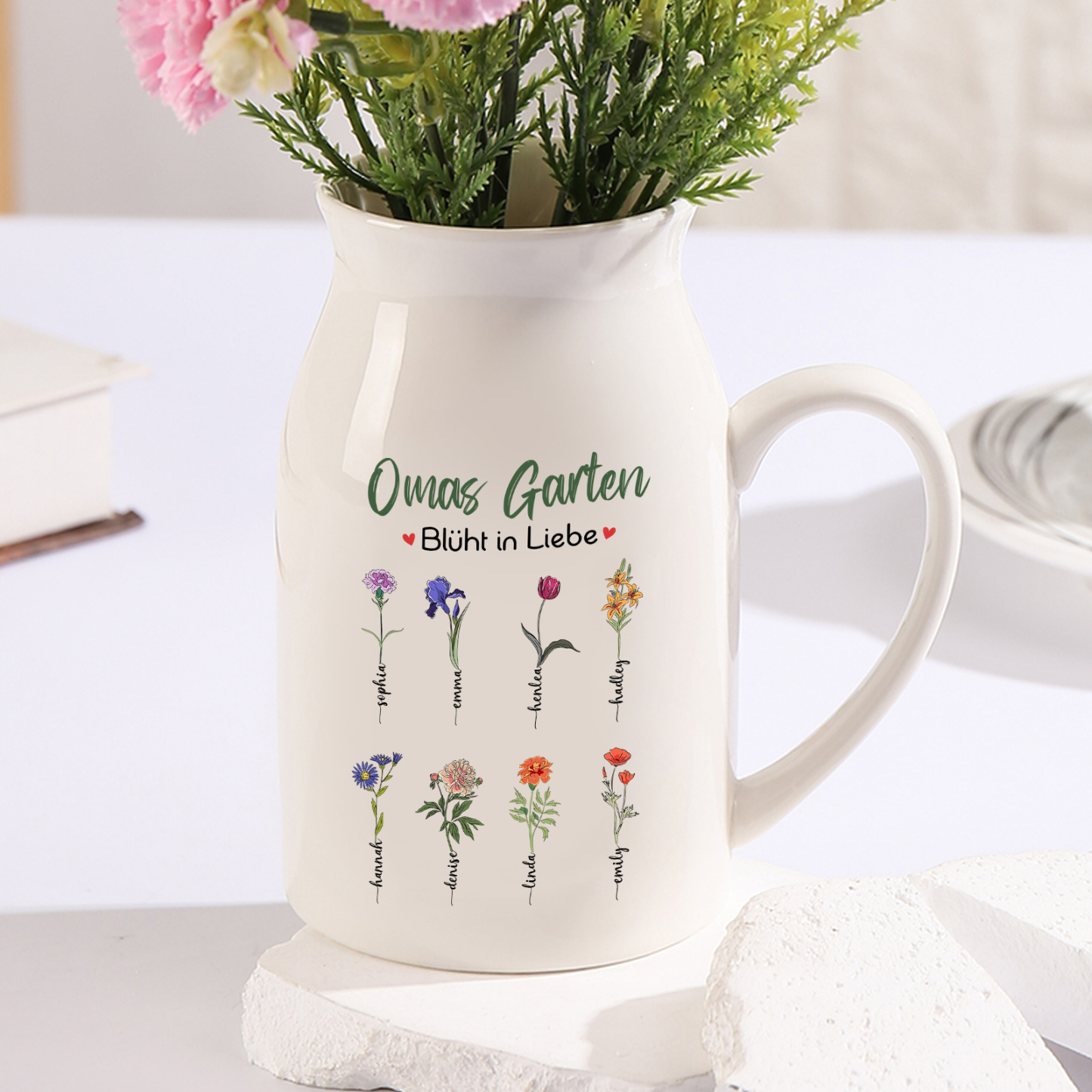 Personalisierte 8 Namen & Text & Geburtsblumen-Omas Garten blüht in Liebe- Gießvase mit Henkel Mama Vase-Pefektes Geschenk für Mama /Oma