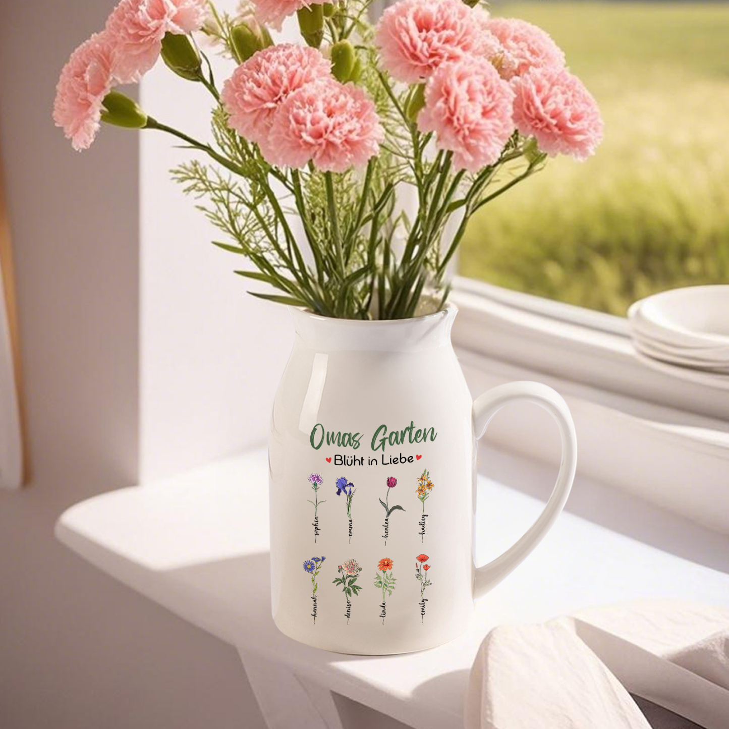 Personalisierte 8 Namen & Text & Geburtsblumen-Omas Garten blüht in Liebe- Gießvase mit Henkel Mama Vase-Pefektes Geschenk für Mama /Oma