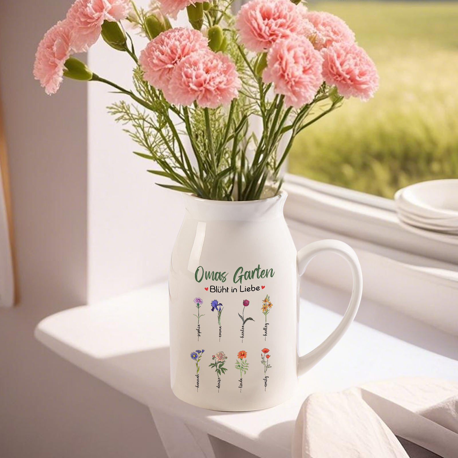 Personalisierte 8 Namen & Text & Geburtsblumen-Omas Garten blüht in Liebe- Gießvase mit Henkel Mama Vase-Pefektes Geschenk für Mama /Oma