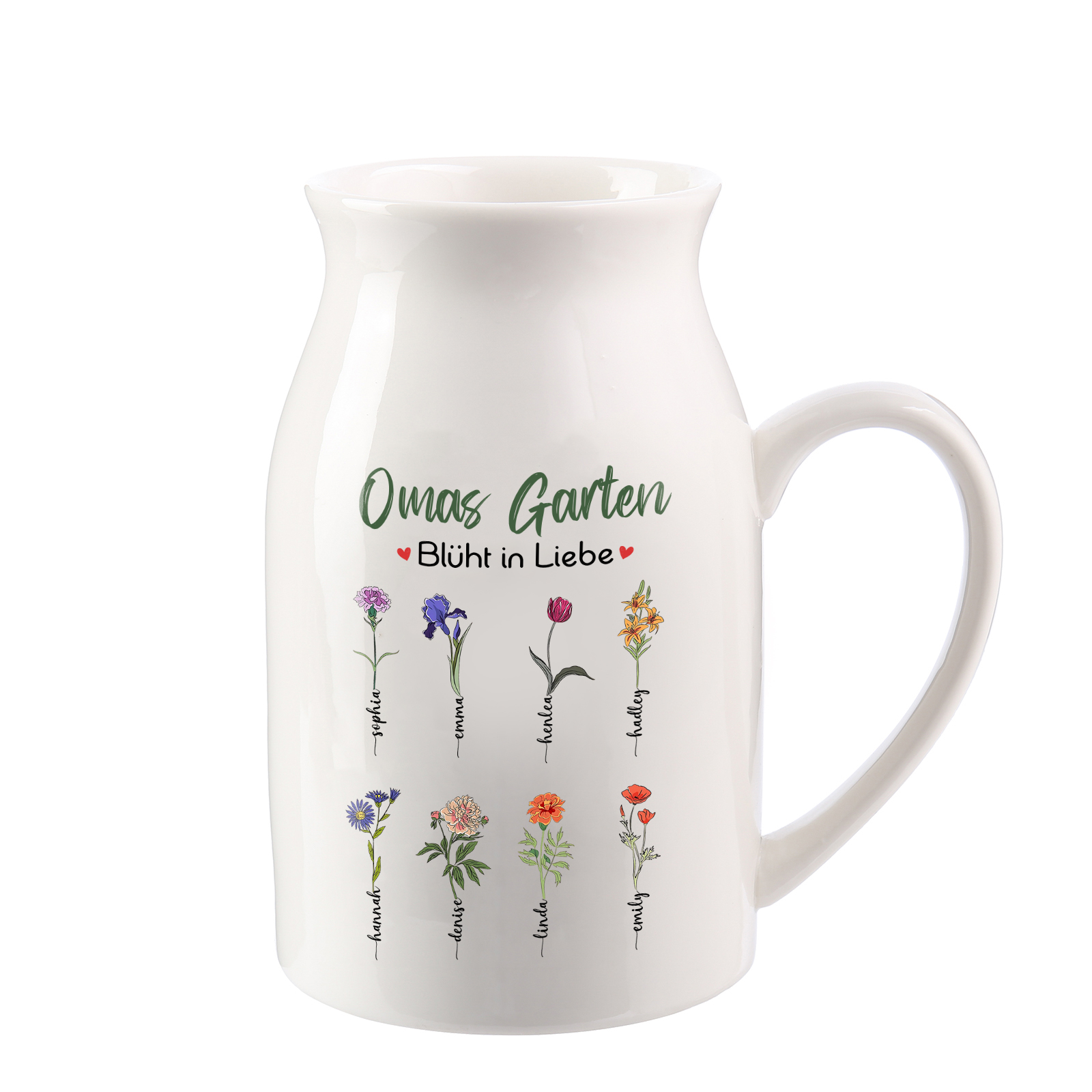 Personalisierte 8 Namen & Text & Geburtsblumen-Omas Garten blüht in Liebe- Gießvase mit Henkel Mama Vase-Pefektes Geschenk für Mama /Oma