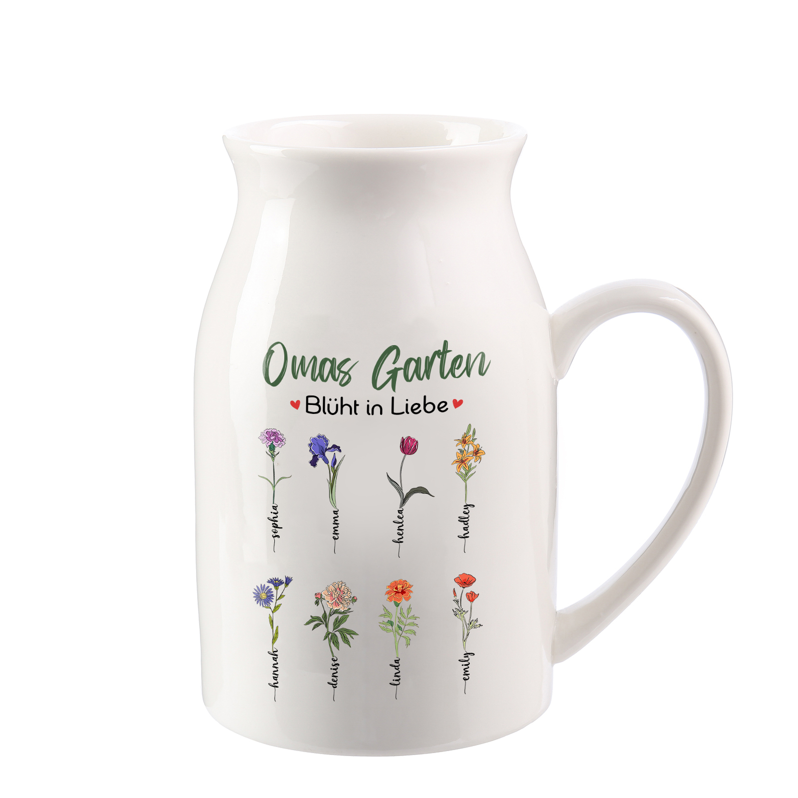 Personalisierte 8 Namen & Text & Geburtsblumen-Omas Garten blüht in Liebe- Gießvase mit Henkel Mama Vase-Pefektes Geschenk für Mama /Oma