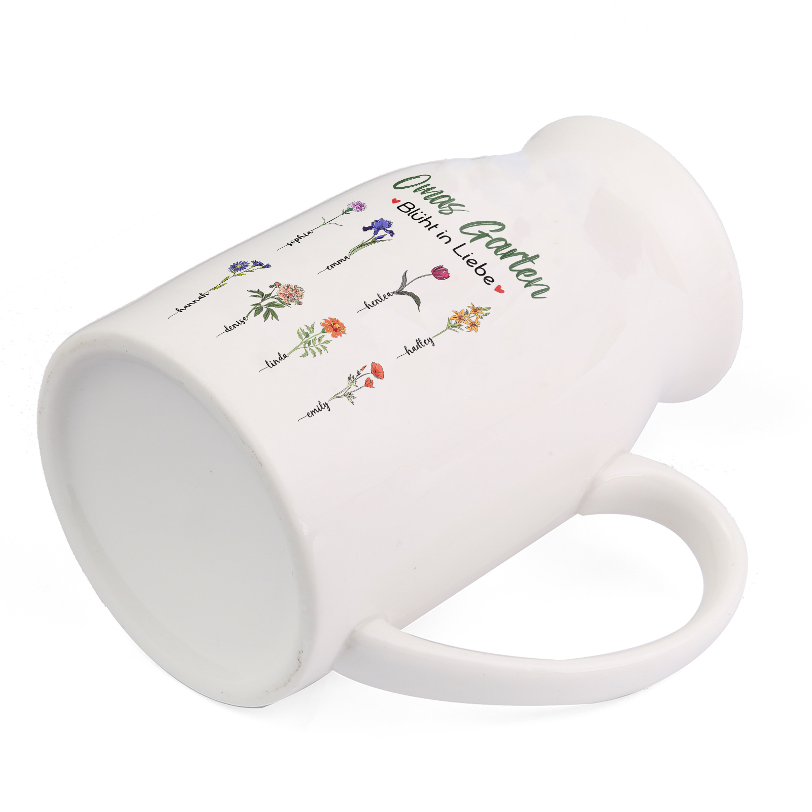 Personalisierte 8 Namen & Text & Geburtsblumen-Omas Garten blüht in Liebe- Gießvase mit Henkel Mama Vase-Pefektes Geschenk für Mama /Oma