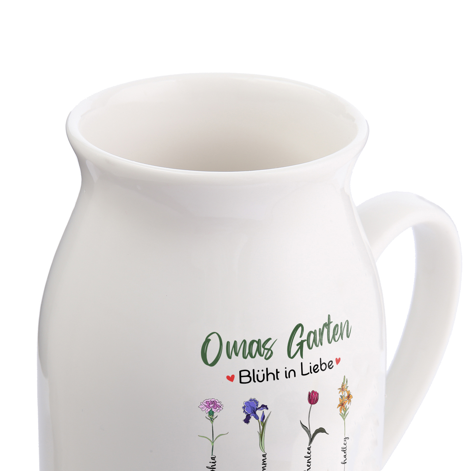 Personalisierte 8 Namen & Text & Geburtsblumen-Omas Garten blüht in Liebe- Gießvase mit Henkel Mama Vase-Pefektes Geschenk für Mama /Oma