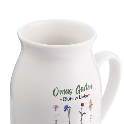 Personalisierte 8 Namen & Text & Geburtsblumen-Omas Garten blüht in Liebe- Gießvase mit Henkel Mama Vase-Pefektes Geschenk für Mama /Oma