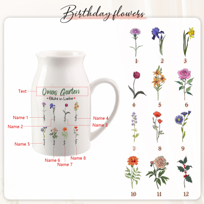 Personalisierte 8 Namen & Text & Geburtsblumen-Omas Garten blüht in Liebe- Gießvase mit Henkel Mama Vase-Pefektes Geschenk für Mama /Oma