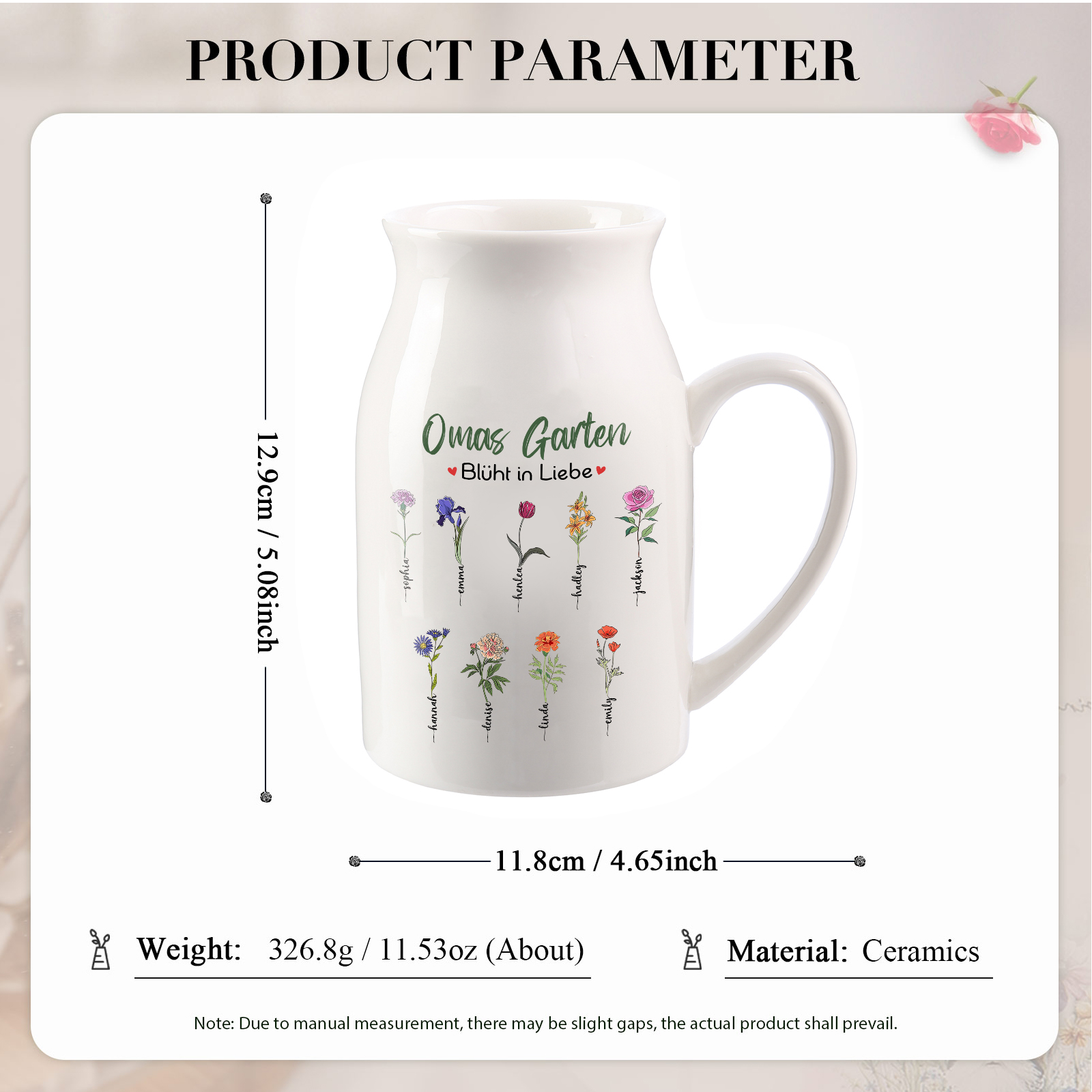 Personalisierte 9 Namen & Text & Geburtsblumen-Omas Garten blüht in Liebe- Gießvase mit Henkel Mama Vase-Pefektes Geschenk für Mama /Oma