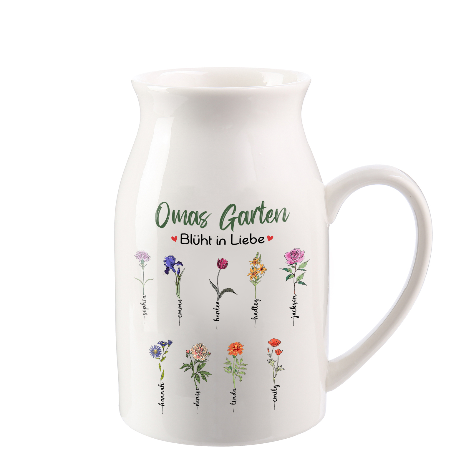 Personalisierte 9 Namen & Text & Geburtsblumen-Omas Garten blüht in Liebe- Gießvase mit Henkel Mama Vase-Pefektes Geschenk für Mama /Oma