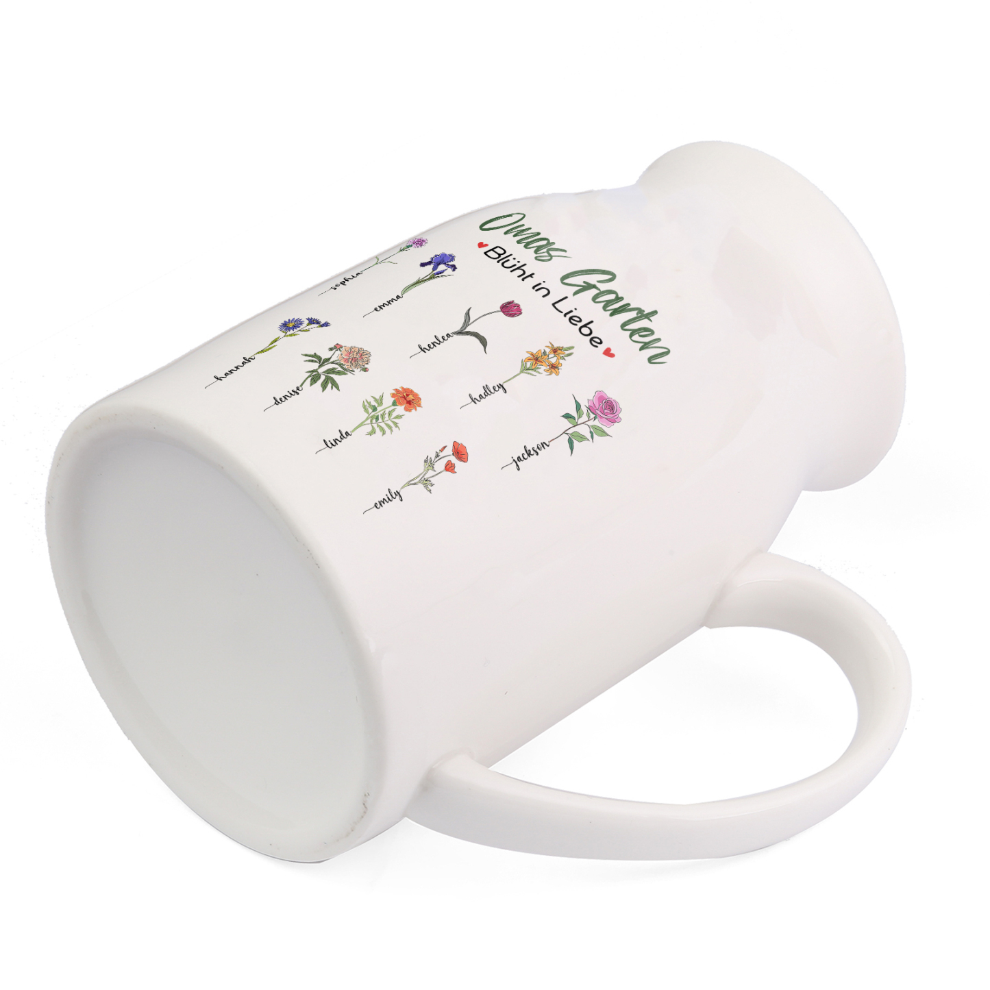 Personalisierte 9 Namen & Text & Geburtsblumen-Omas Garten blüht in Liebe- Gießvase mit Henkel Mama Vase-Pefektes Geschenk für Mama /Oma