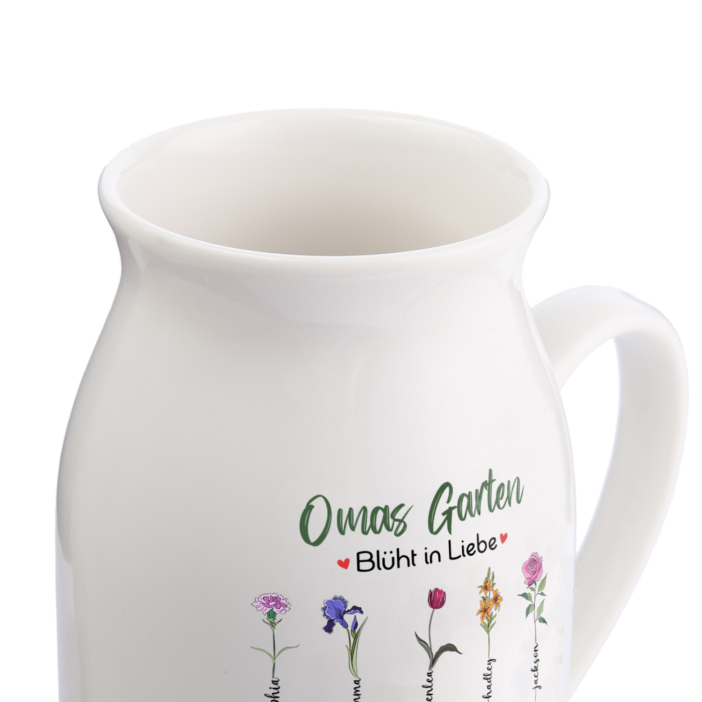 Personalisierte 9 Namen & Text & Geburtsblumen-Omas Garten blüht in Liebe- Gießvase mit Henkel Mama Vase-Pefektes Geschenk für Mama /Oma