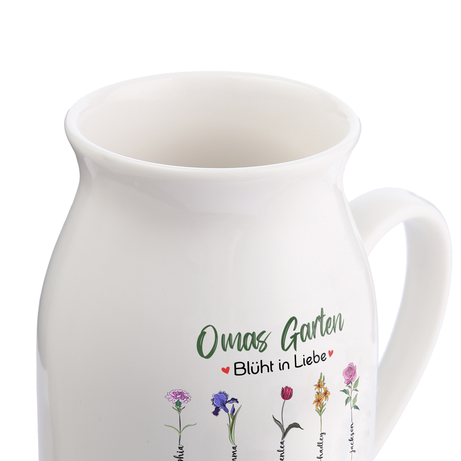 Personalisierte 9 Namen & Text & Geburtsblumen-Omas Garten blüht in Liebe- Gießvase mit Henkel Mama Vase-Pefektes Geschenk für Mama /Oma