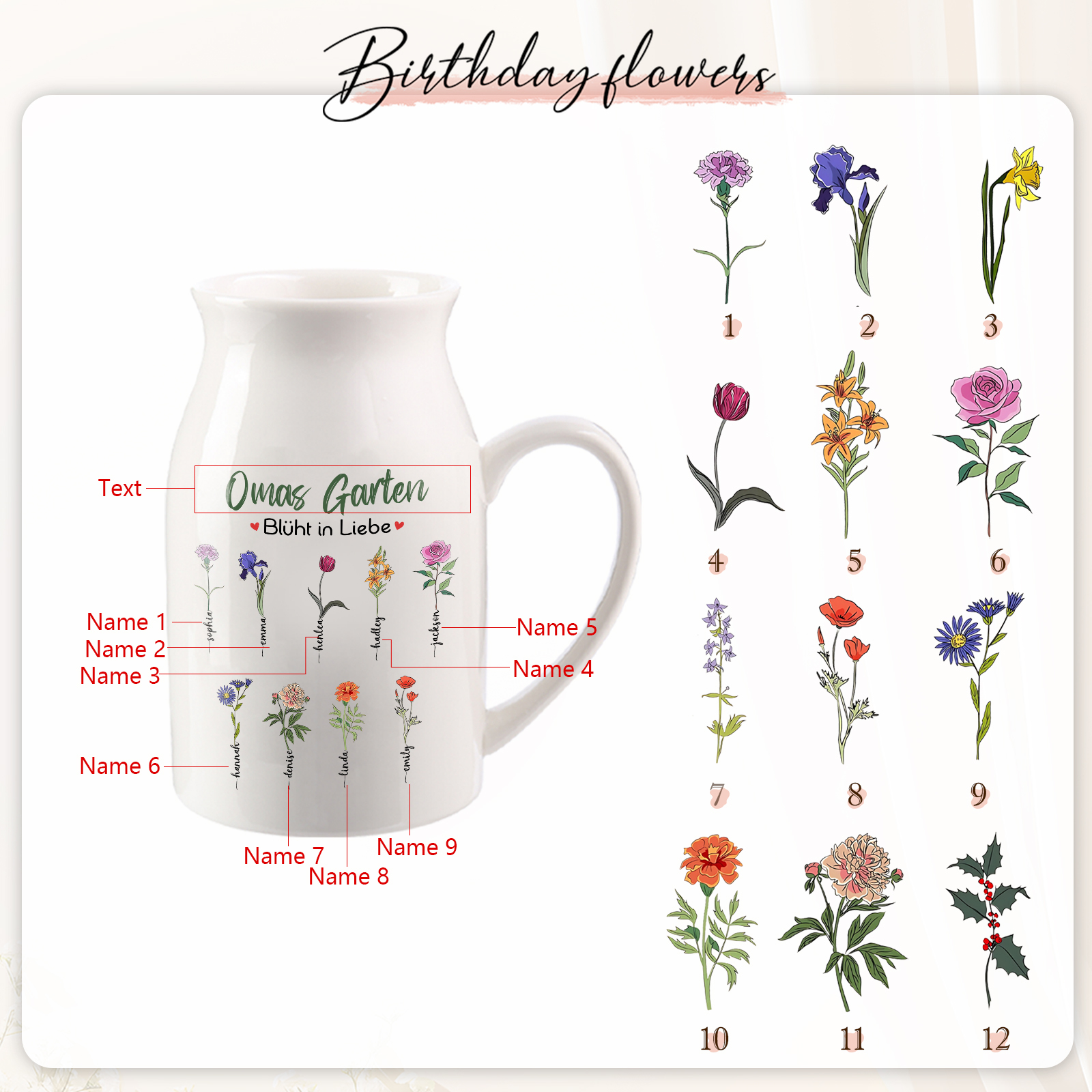 Personalisierte 9 Namen & Text & Geburtsblumen-Omas Garten blüht in Liebe- Gießvase mit Henkel Mama Vase-Pefektes Geschenk für Mama /Oma