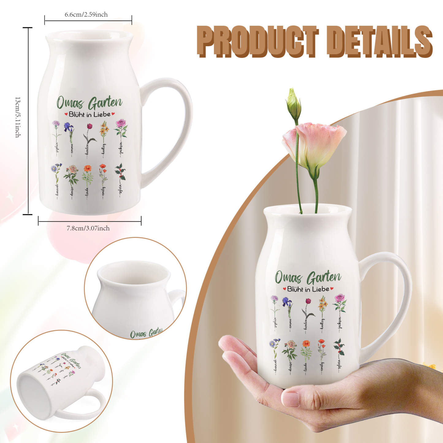 Personalisierte 10 Namen & Text & Geburtsblumen-Omas Garten blüht in Liebe- Gießvase mit Henkel Mama Vase-Pefektes Geschenk für Mama /Oma