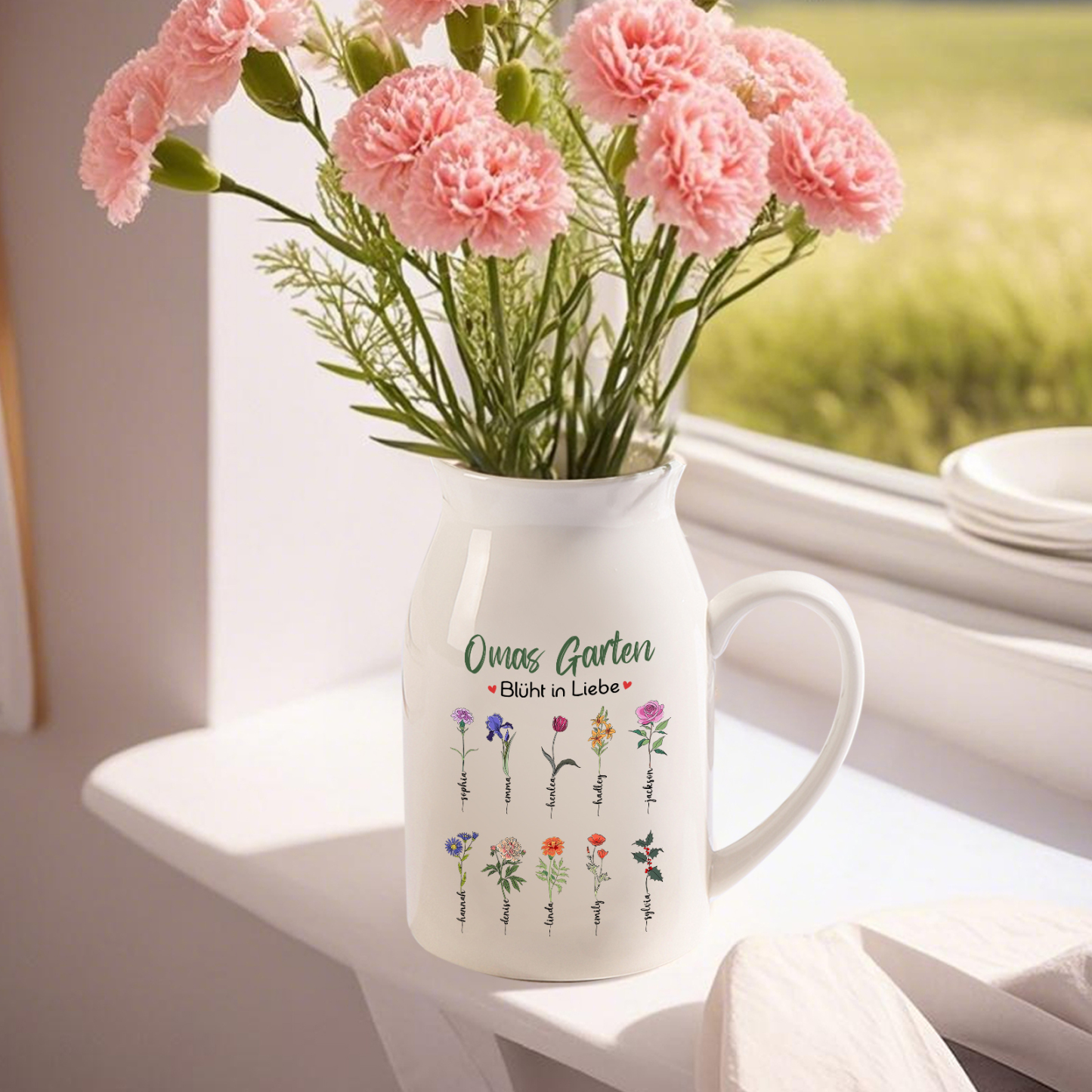 Personalisierte 10 Namen & Text & Geburtsblumen-Omas Garten blüht in Liebe- Gießvase mit Henkel Mama Vase-Pefektes Geschenk für Mama /Oma