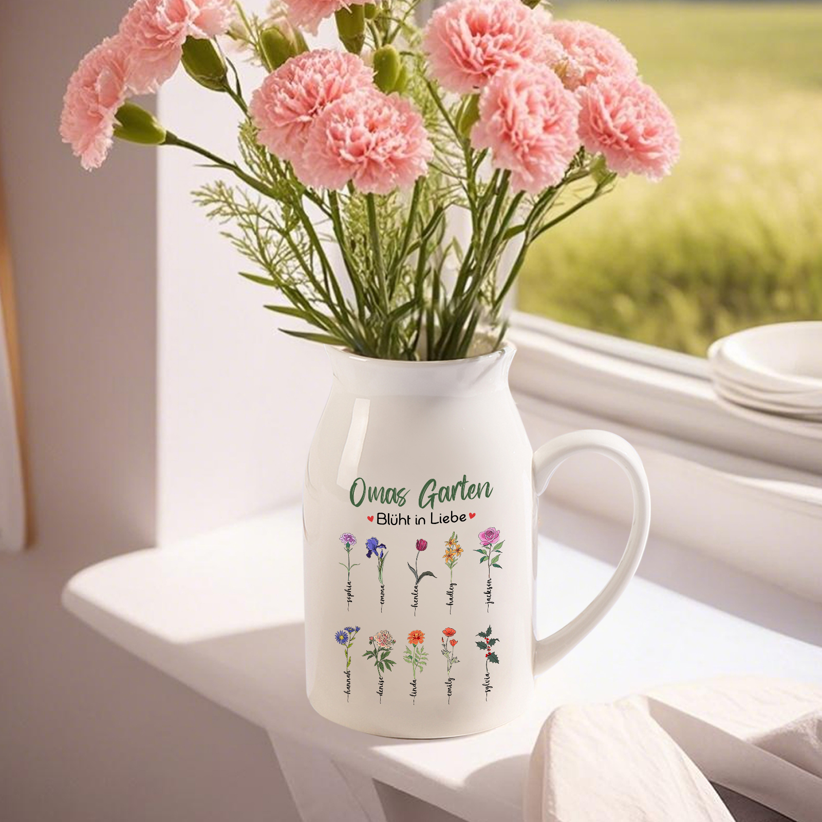 Personalisierte 10 Namen & Text & Geburtsblumen-Omas Garten blüht in Liebe- Gießvase mit Henkel Mama Vase-Pefektes Geschenk für Mama /Oma