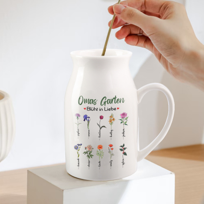 Personalisierte 10 Namen & Text & Geburtsblumen-Omas Garten blüht in Liebe- Gießvase mit Henkel Mama Vase-Pefektes Geschenk für Mama /Oma