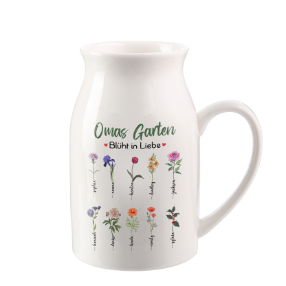 Personalisierte 10 Namen & Text & Geburtsblumen-Omas Garten blüht in Liebe- Gießvase mit Henkel Mama Vase-Pefektes Geschenk für Mama /Oma