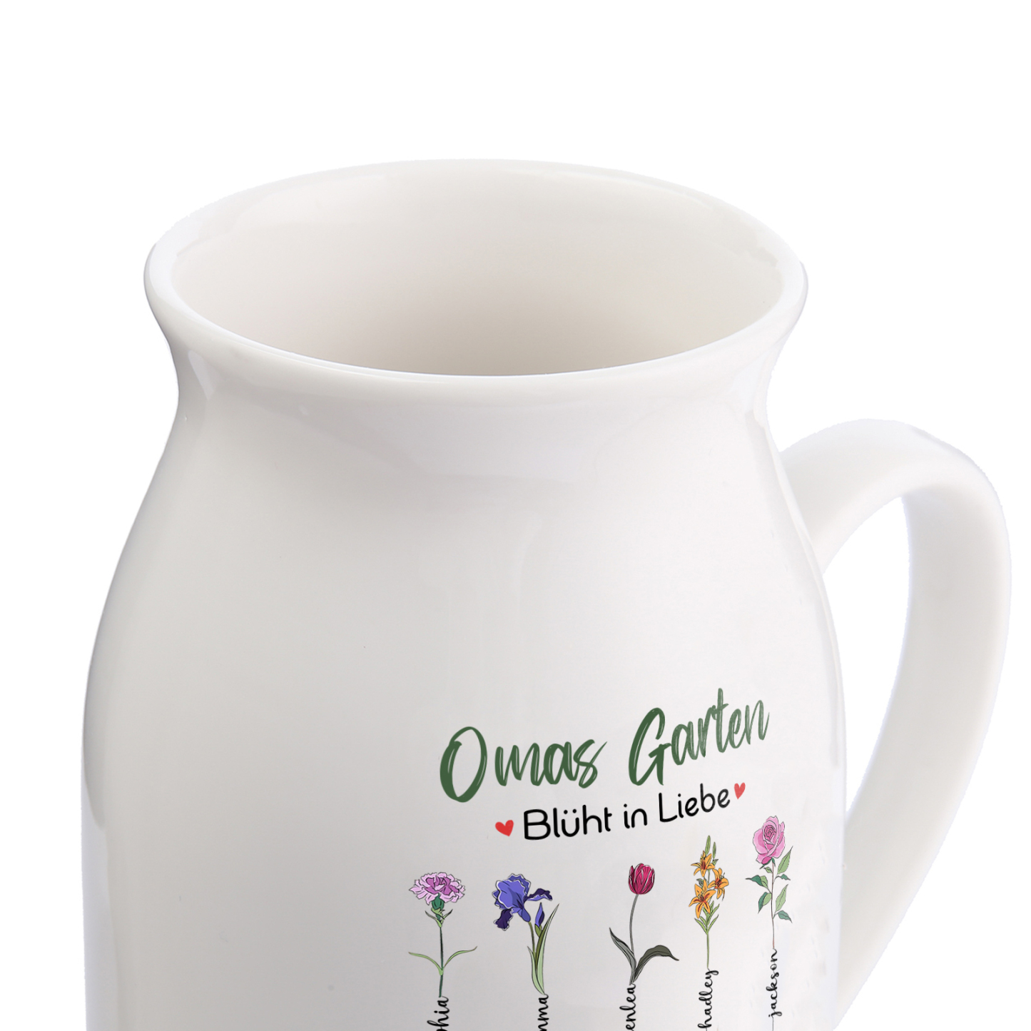 Personalisierte 10 Namen & Text & Geburtsblumen-Omas Garten blüht in Liebe- Gießvase mit Henkel Mama Vase-Pefektes Geschenk für Mama /Oma