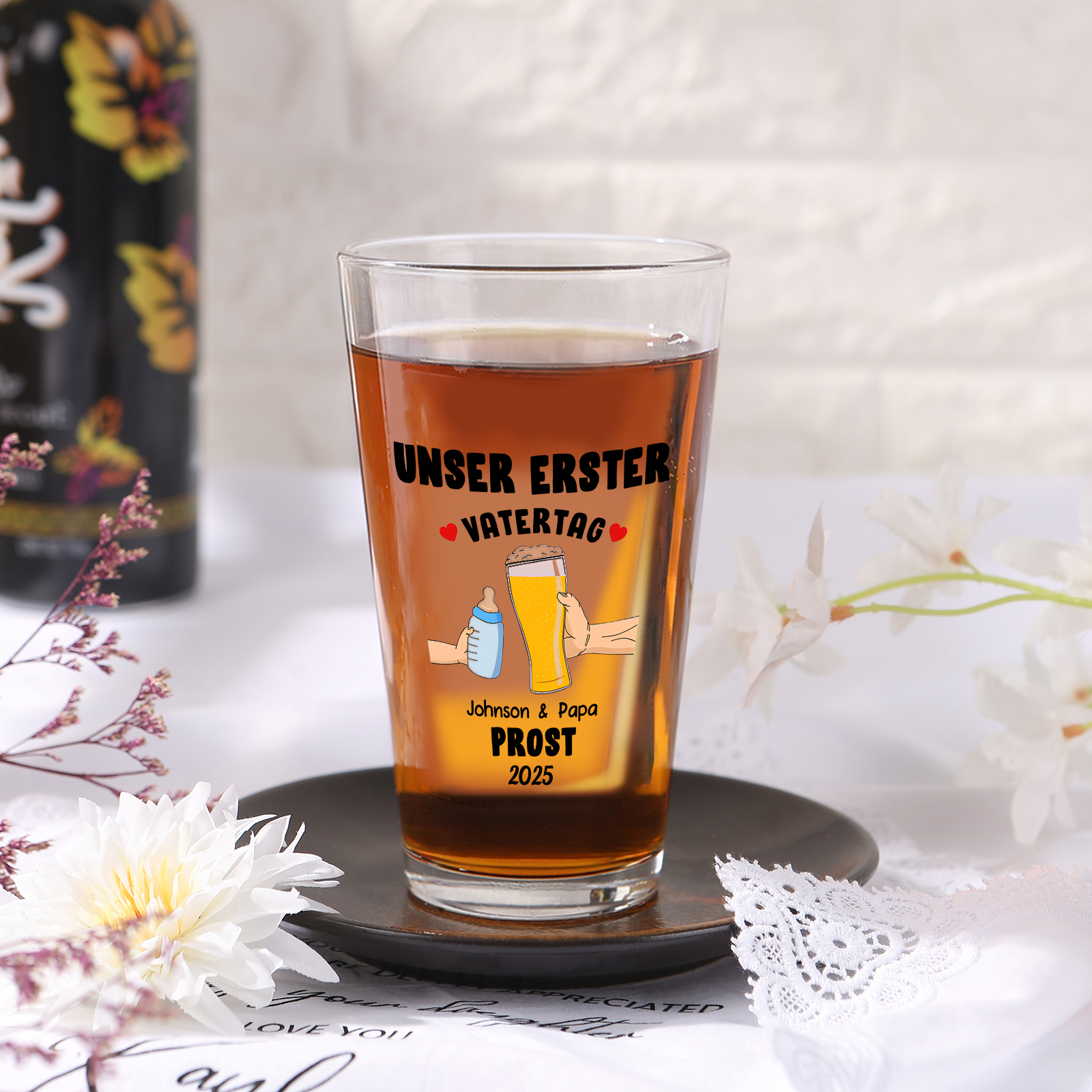 Personalisierter Text Bierglas-Tasse – Unser erster  Vatertag, Prost – Bier-Glastasse für Papa/Sohn