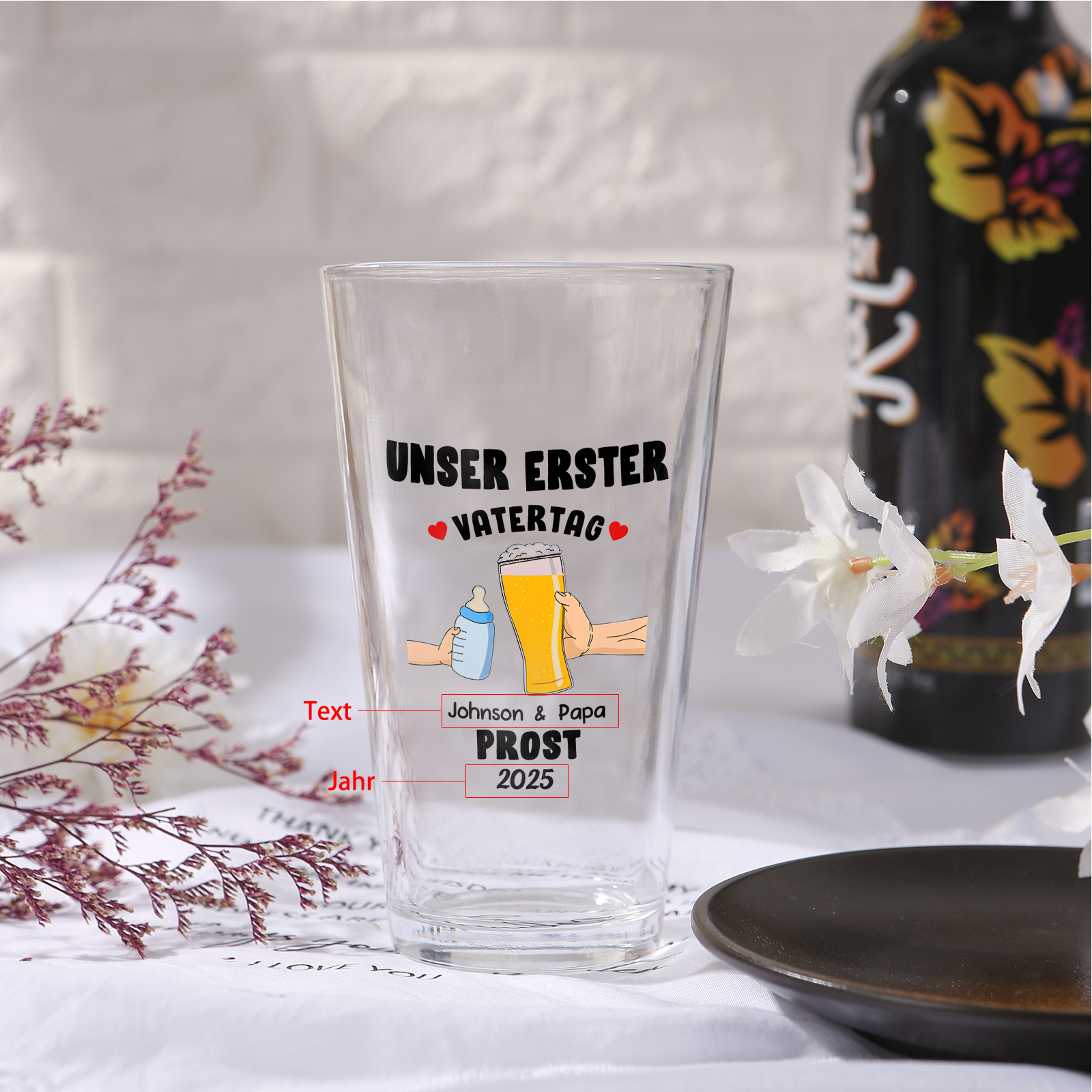 Personalisierter Text Bierglas-Tasse – Unser erster  Vatertag, Prost – Bier-Glastasse für Papa/Sohn