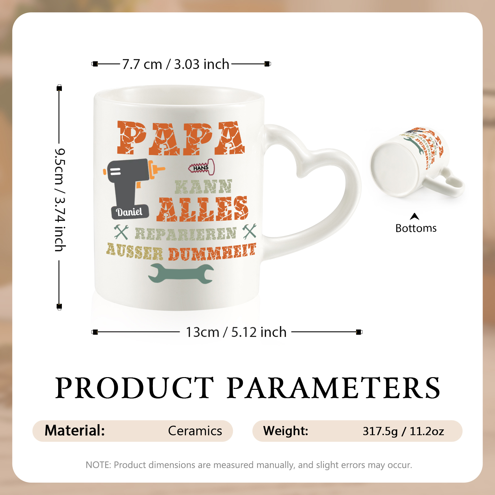 Personalisierte 2 Namen- PAPA KANN ALLES REPARIEREN, AUSSER DUMMHEIT- Keramik Mark Tasse mit herzförmigem Henkel-Einzigartiges Geschenk für Papa