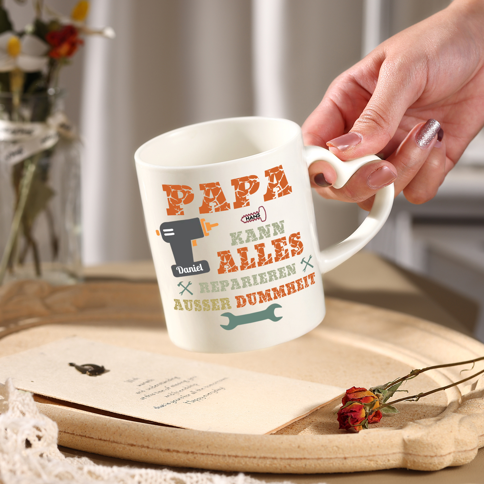 Personalisierte 2 Namen- PAPA KANN ALLES REPARIEREN, AUSSER DUMMHEIT- Keramik Mark Tasse mit herzförmigem Henkel-Einzigartiges Geschenk für Papa