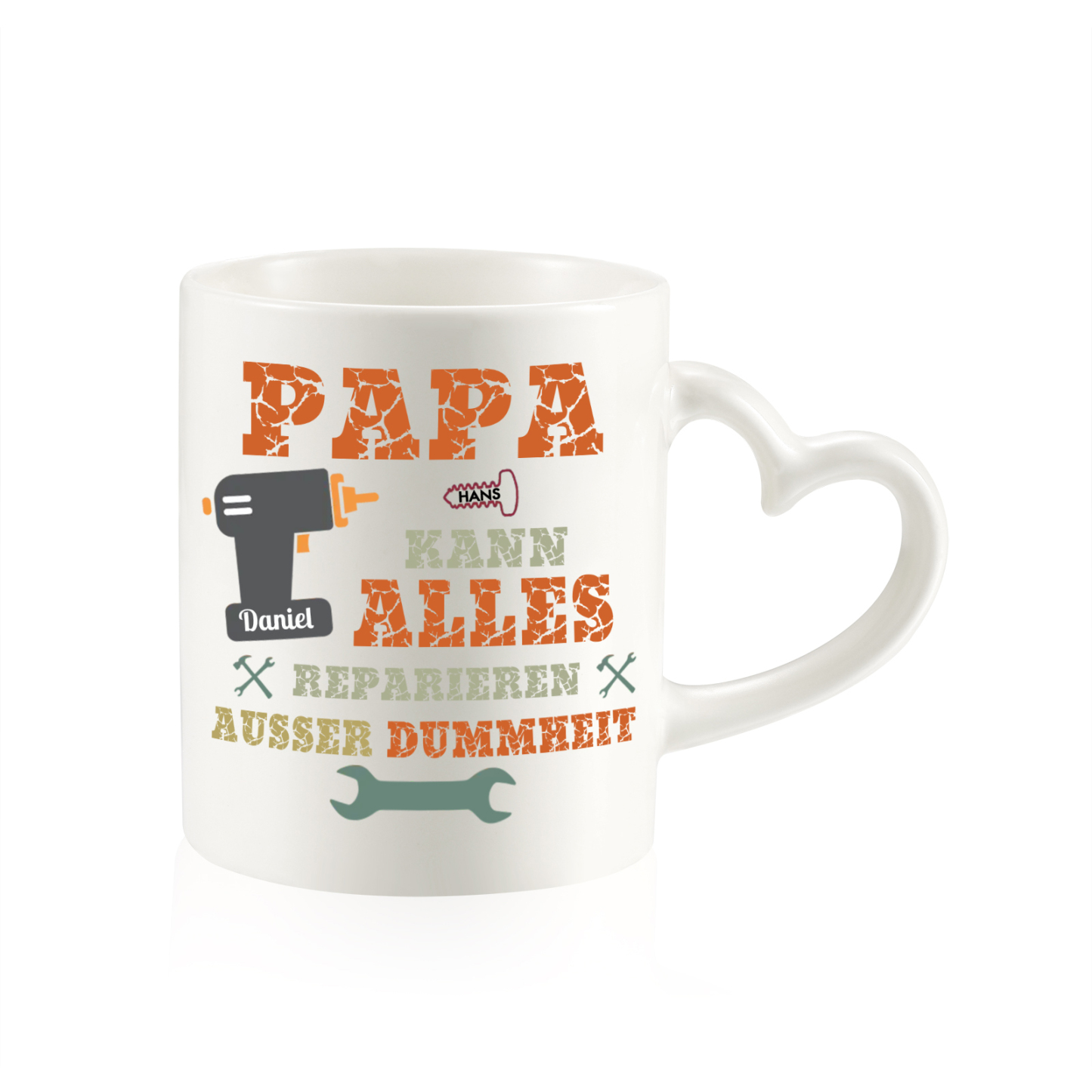 Personalisierte 2 Namen- PAPA KANN ALLES REPARIEREN, AUSSER DUMMHEIT- Keramik Mark Tasse mit herzförmigem Henkel-Einzigartiges Geschenk für Papa