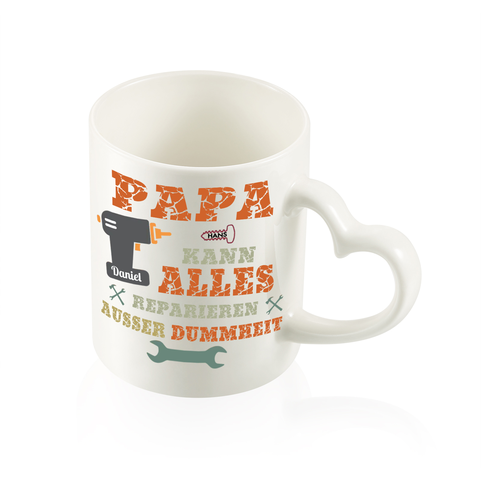Personalisierte 2 Namen- PAPA KANN ALLES REPARIEREN, AUSSER DUMMHEIT- Keramik Mark Tasse mit herzförmigem Henkel-Einzigartiges Geschenk für Papa