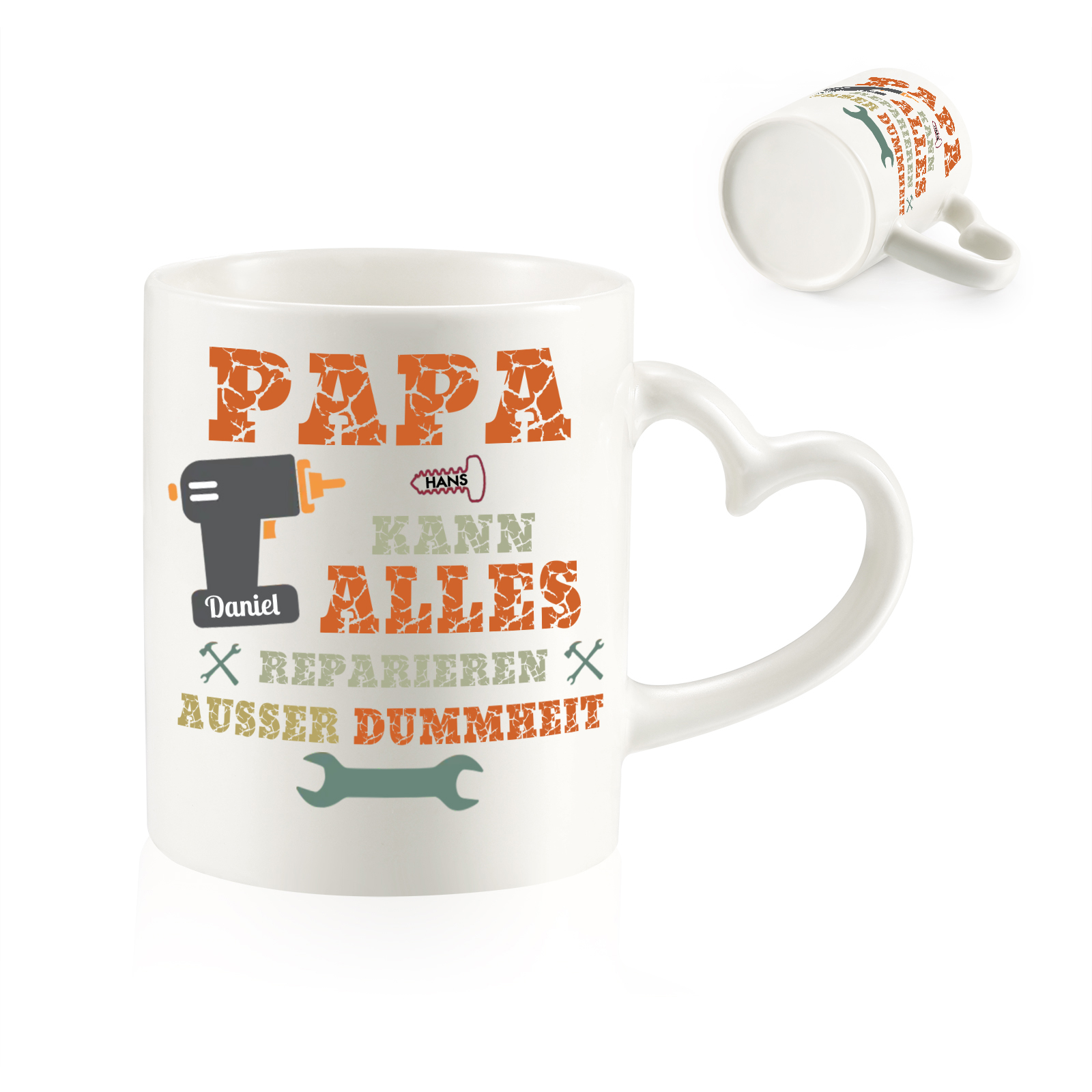 Personalisierte 2 Namen- PAPA KANN ALLES REPARIEREN, AUSSER DUMMHEIT- Keramik Mark Tasse mit herzförmigem Henkel-Einzigartiges Geschenk für Papa