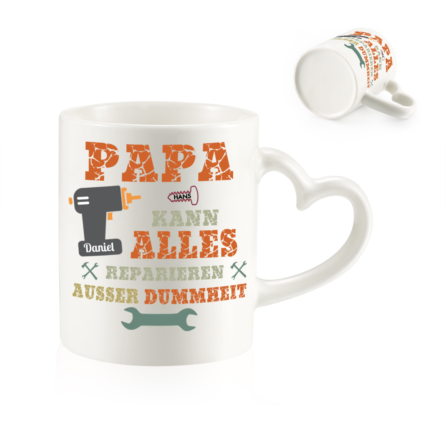 Personalisierte 2 Namen- PAPA KANN ALLES REPARIEREN, AUSSER DUMMHEIT- Keramik Mark Tasse mit herzförmigem Henkel-Einzigartiges Geschenk für Papa