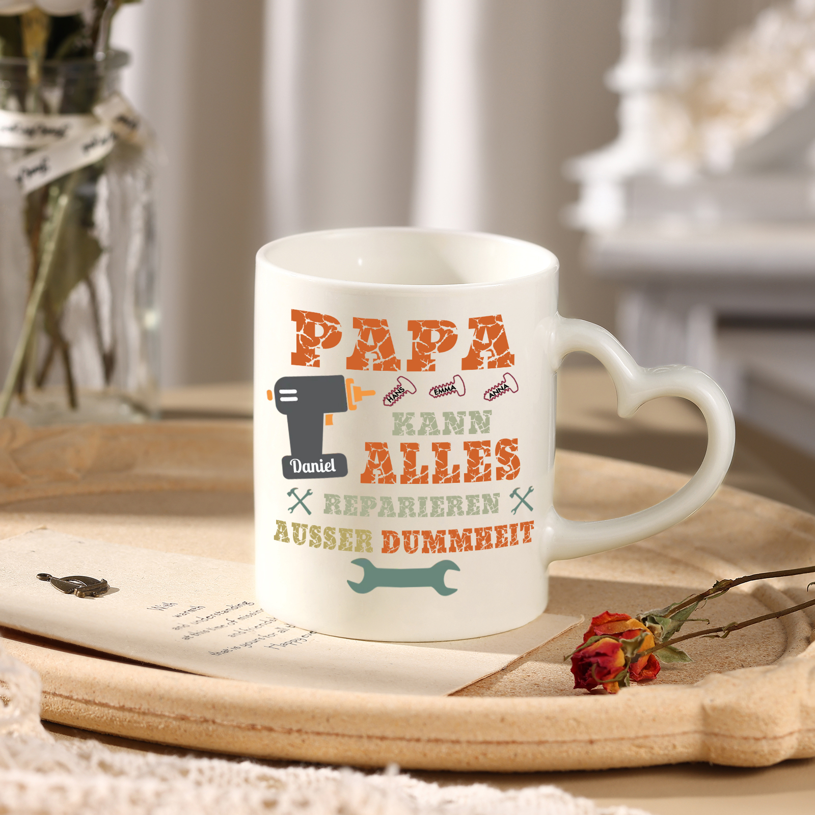 Personalisierte 2-6 Namen- PAPA KANN ALLES REPARIEREN, AUSSER DUMMHEIT- Keramik Mark Tasse mit herzförmigem Henkel-Einzigartiges Geschenk für Papa
