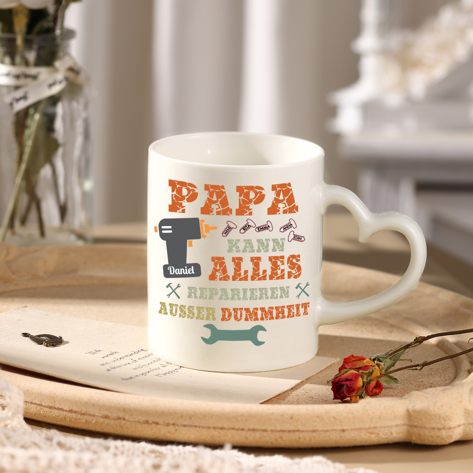 Personalisierte 2-6 Namen- PAPA KANN ALLES REPARIEREN, AUSSER DUMMHEIT- Keramik Mark Tasse mit herzförmigem Henkel-Einzigartiges Geschenk für Papa