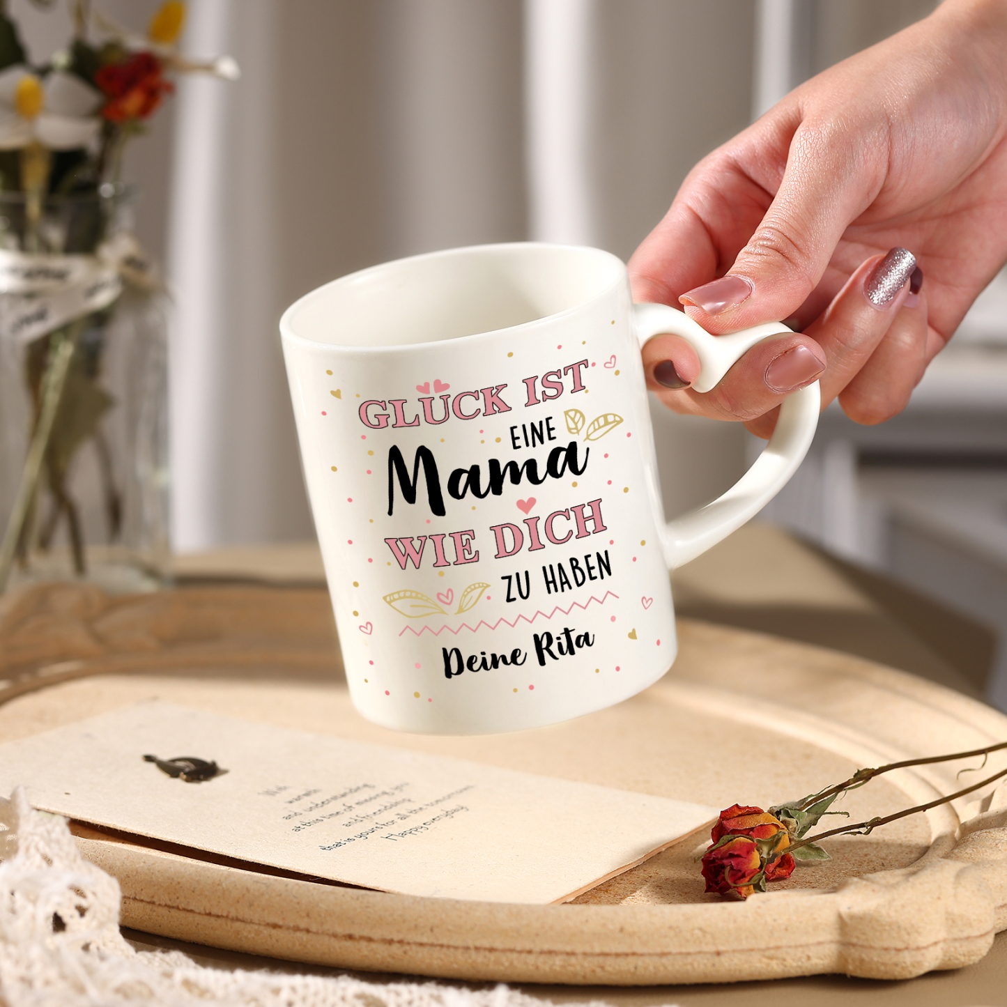 Personalisierte 1 Name- GLÜCK ist eine MAMA wie dich zu haben- Keramik Mark Tasse mit herzförmigem Henkel-Einzigartiges Geschenk für Mama
