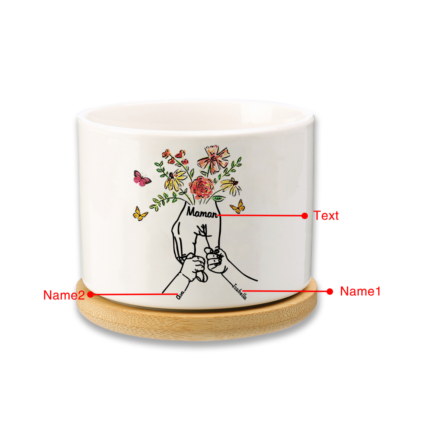 Personalisierbarer Text & 2 Namen vielfarbige Hand in Hand Familie Blumentopf
