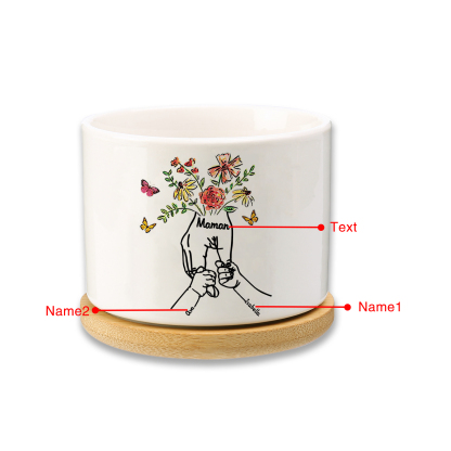 Personalisierbarer Text & 2 Namen vielfarbige Hand in Hand Familie Blumentopf