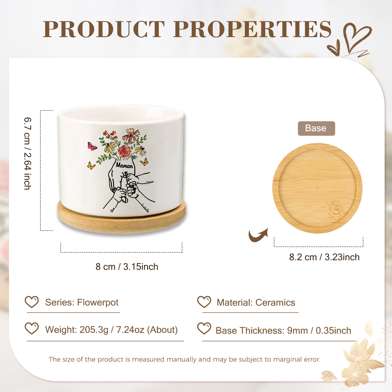 Personalisierbarer Text & 3 Namen vielfarbige Hand in Hand Familie Blumentopf