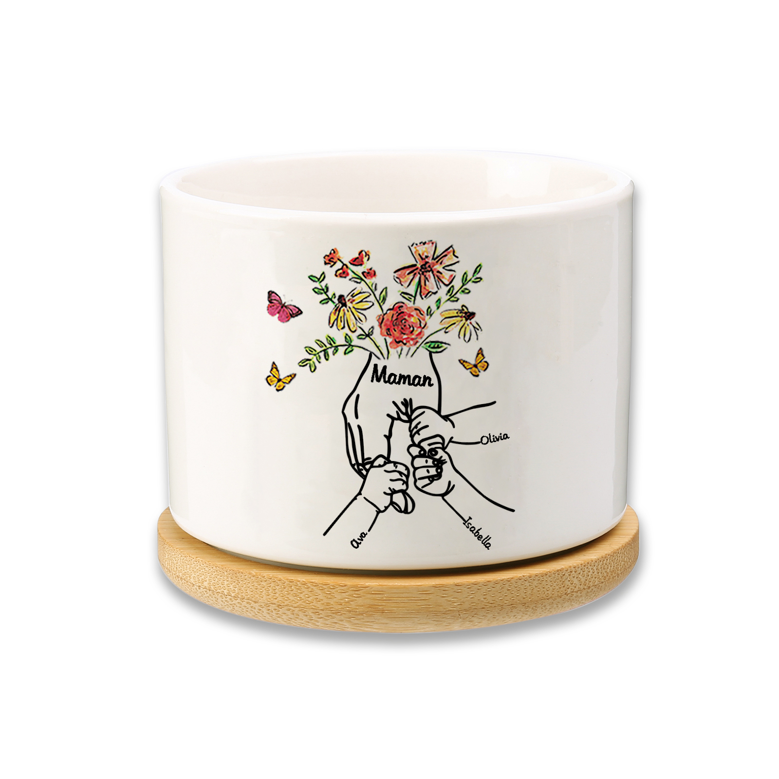 Personalisierbarer Text & 3 Namen vielfarbige Hand in Hand Familie Blumentopf