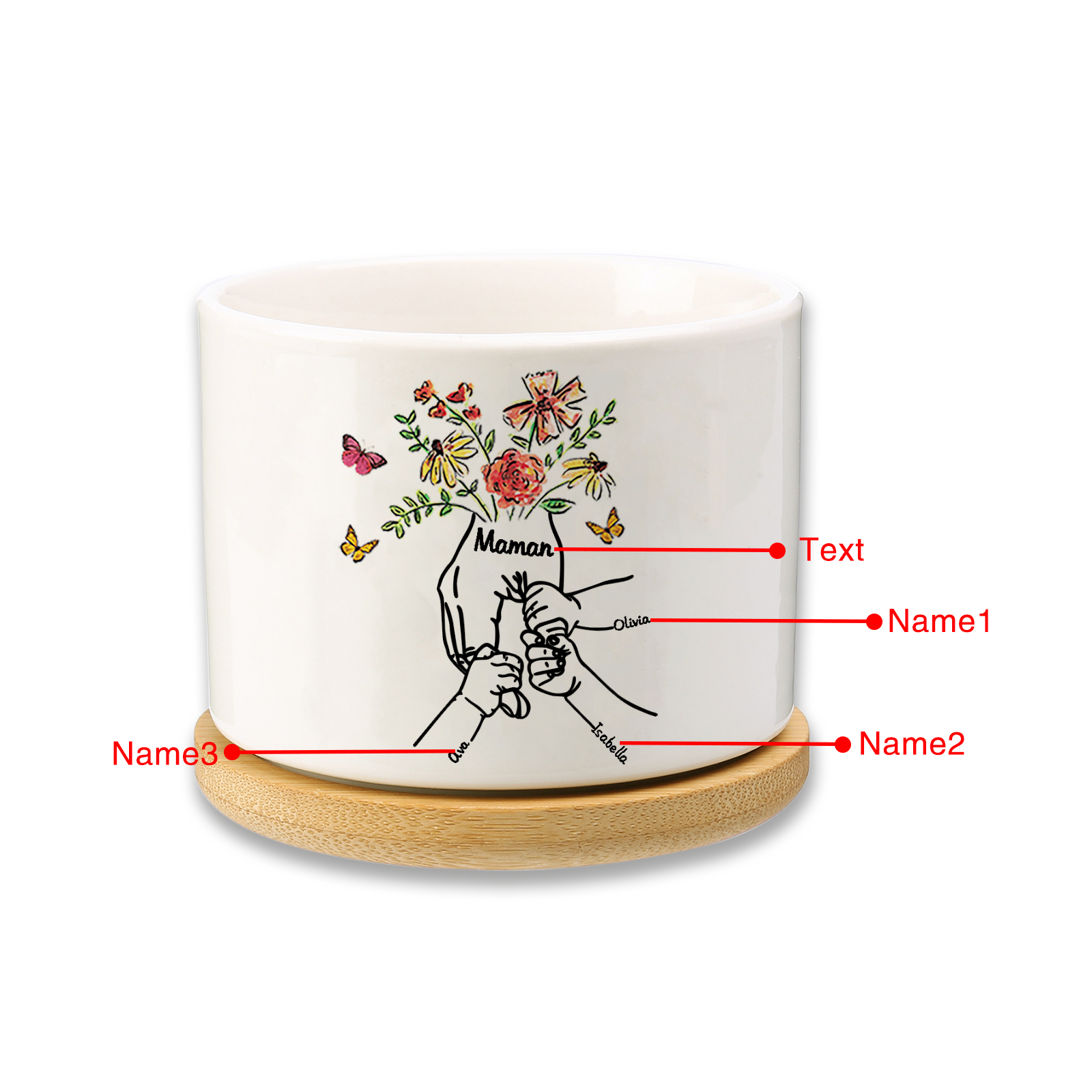 Personalisierbarer Text & 3 Namen vielfarbige Hand in Hand Familie Blumentopf