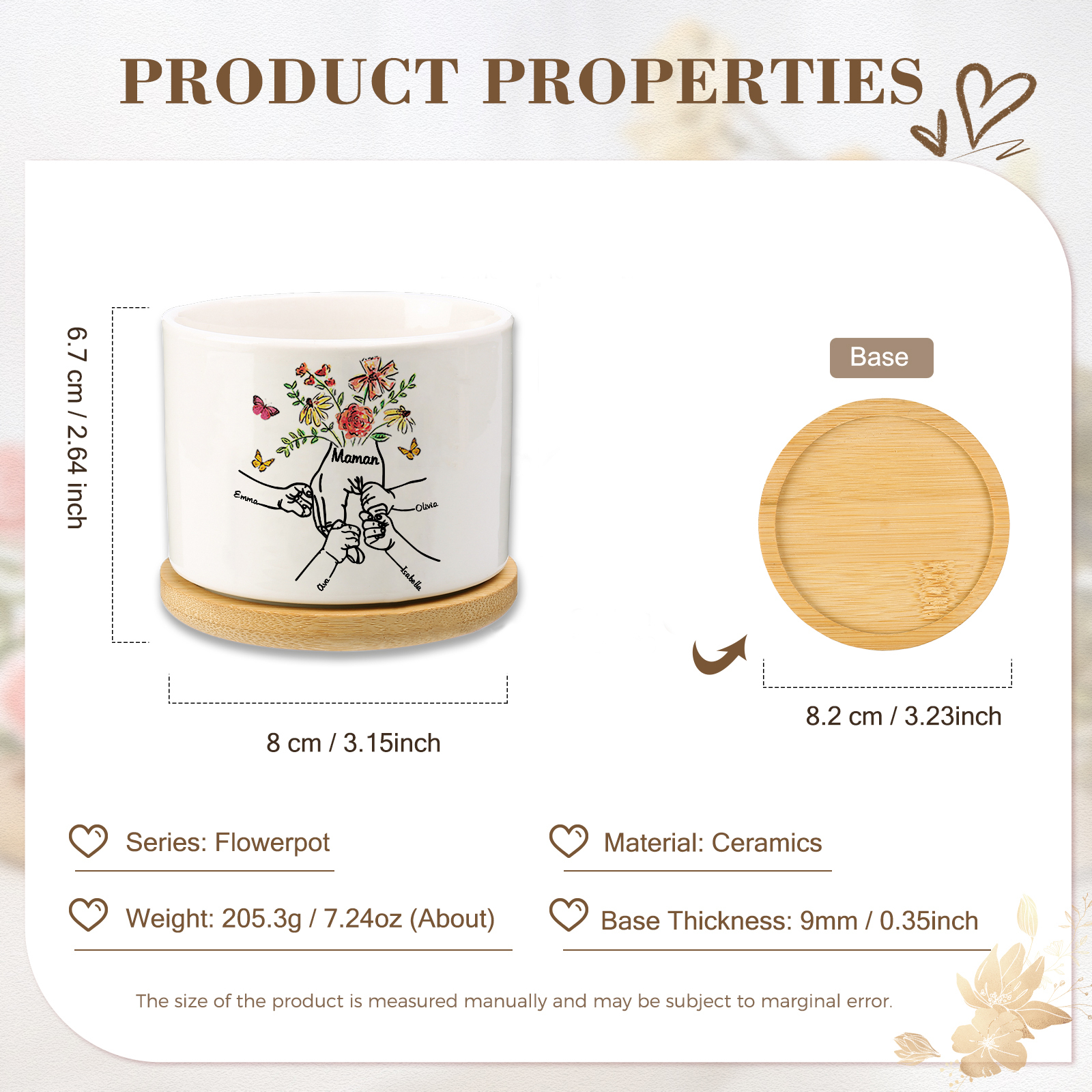 Personalisierbarer Text & 4 Namen vielfarbige Hand in Hand Familie Blumentopf