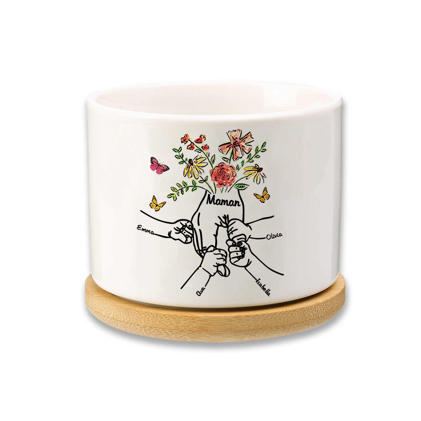 Personalisierbarer Text & 4 Namen vielfarbige Hand in Hand Familie Blumentopf